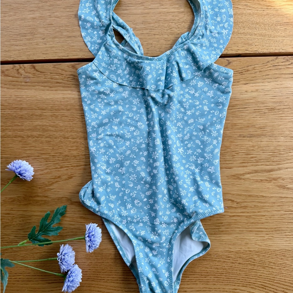 Zara Girl's Light Blue Floral Ruffle Paidley Print One-Piece Swimsuit!